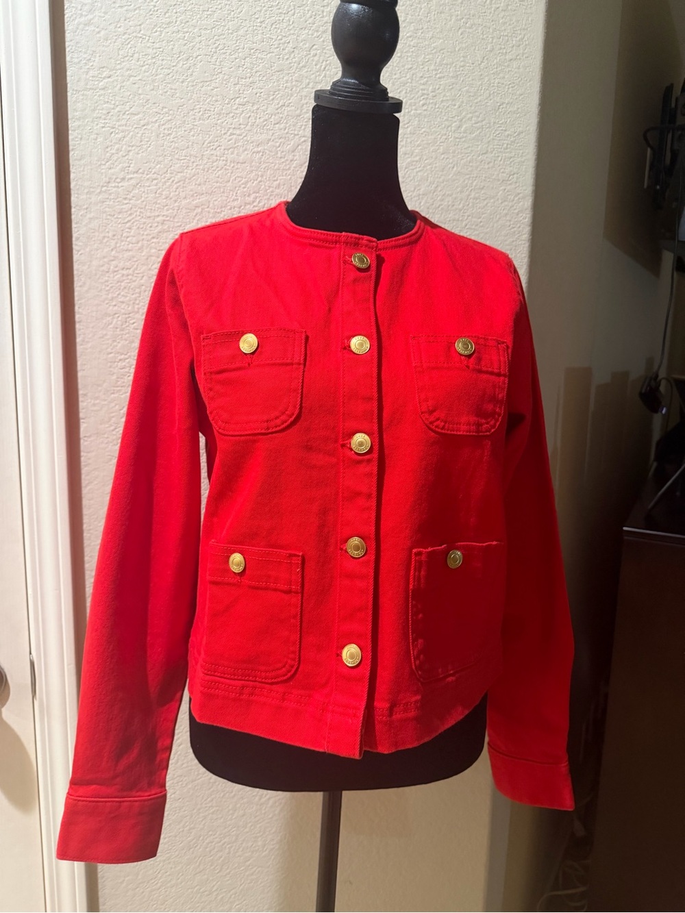 Women's Red Button-Front Jean Jacket with Gold-Tone Buttons